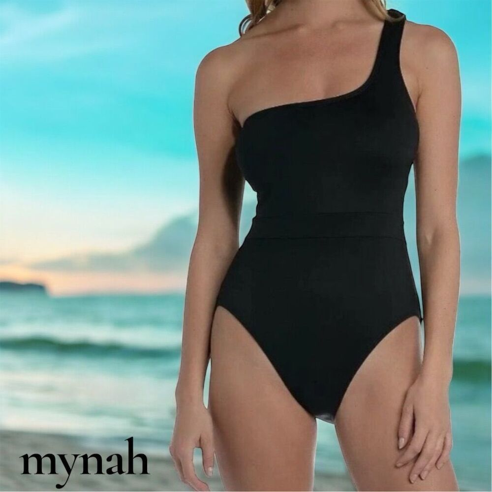 Mynah Women's One-Shoulder Lace Back Swimsuit Black Size L